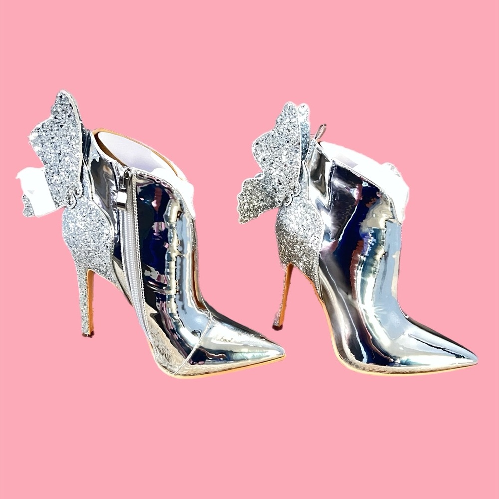 New Silver Glittery Butterfly Women's Ankle Boots, Sparkly Pointed Toe Size:5.5